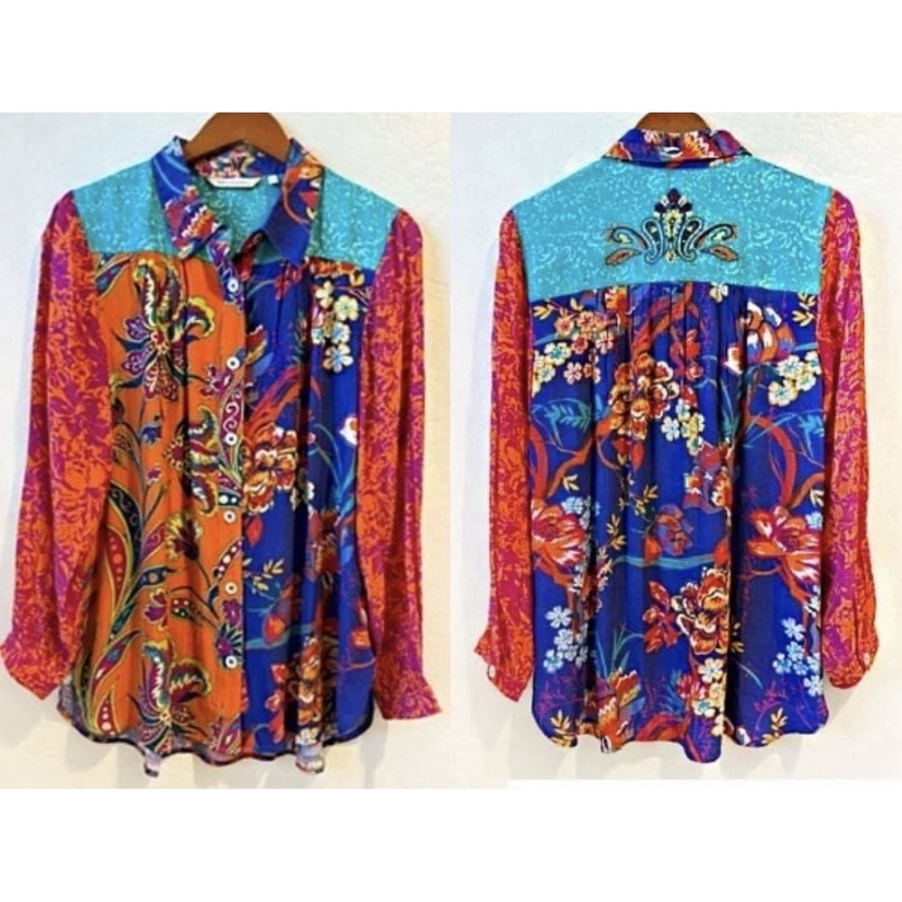 Soft Surroundings Tunic Top Women M Boho Floral Paisley Mixed Print Button Up